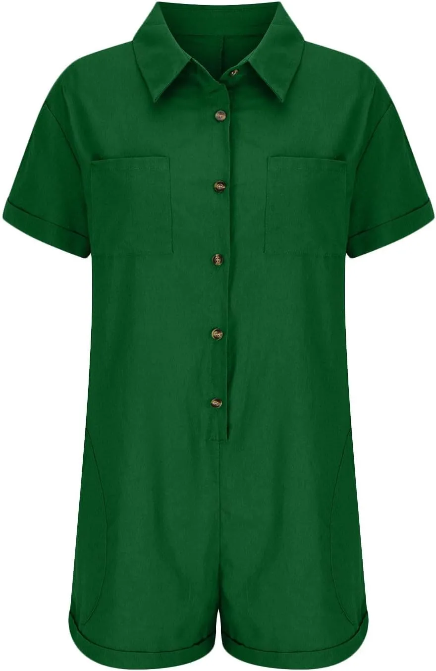 JOAU Women's Lapel Collar Button Down Cotton Linen Short Sleeve Jumpsuits Summer Casual Loose Shorts Rompers with Pockets
