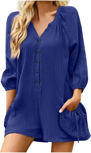 JOAU Women's Rompers 2024 Summer V Neck Button Down Casual Puff Sleeve Short Jumpsuit Fashion Outfits Clothes with Pockets