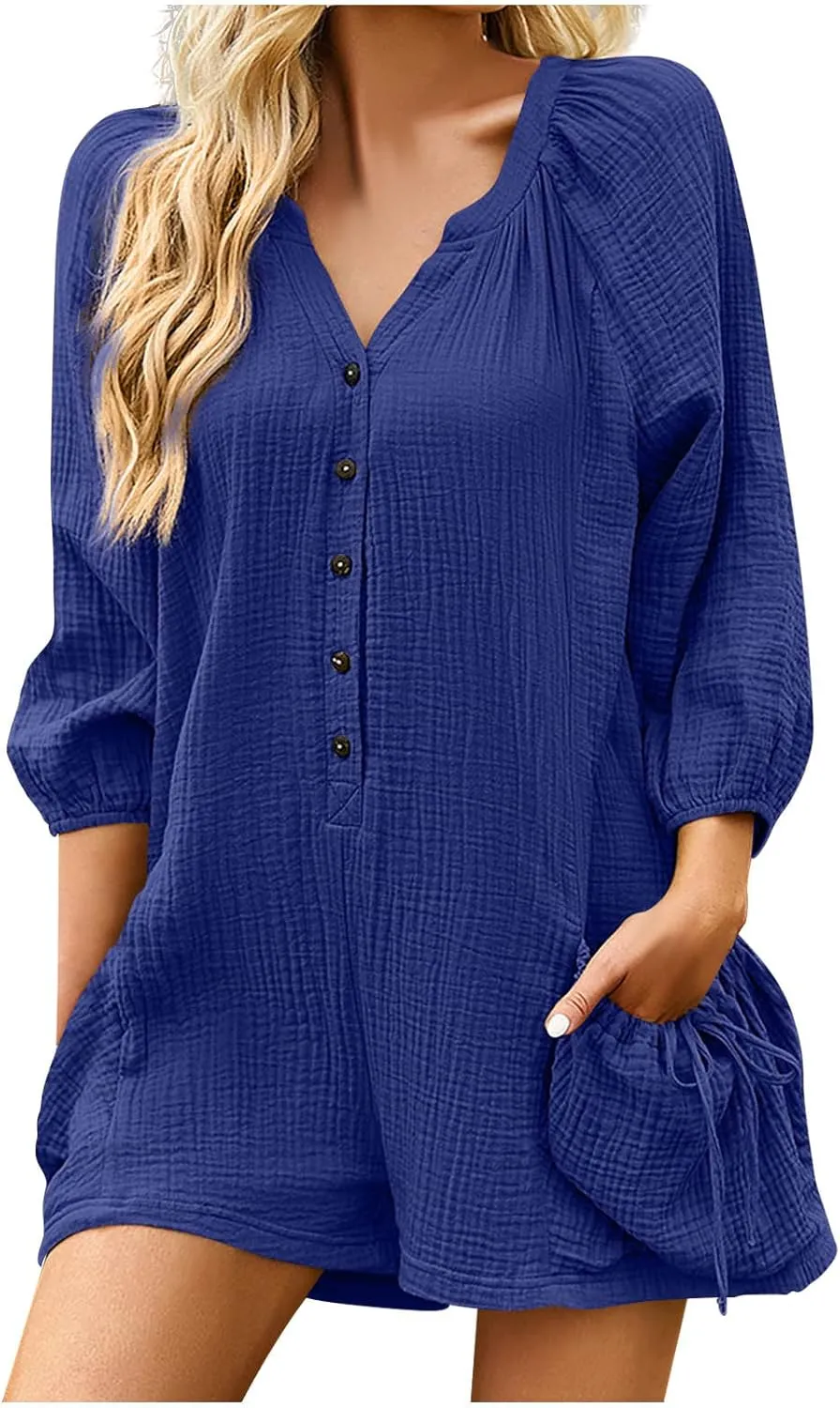 JOAU Women's Rompers 2024 Summer V Neck Button Down Casual Puff Sleeve Short Jumpsuit Fashion Outfits Clothes with Pockets