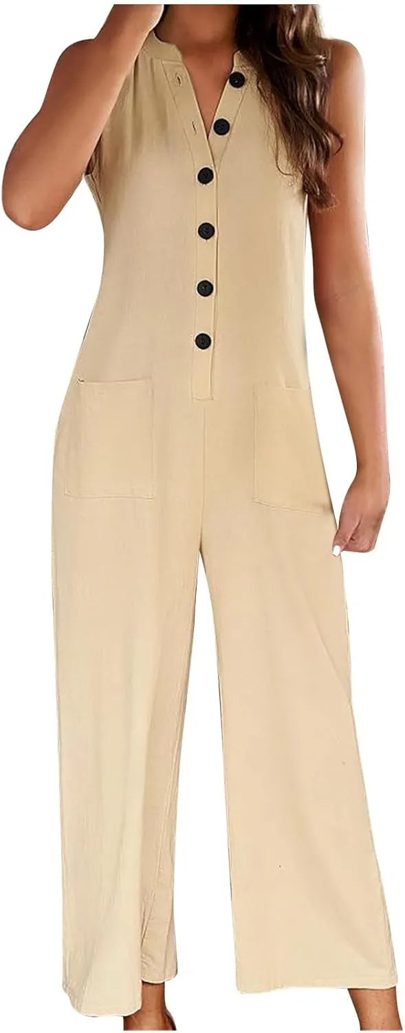 JOAU Women's Summer Casual Sleeveless Button Down Jumpsuit Loose Wide Leg Long Pants Romper 2024 Trendy Outfits with Pockets