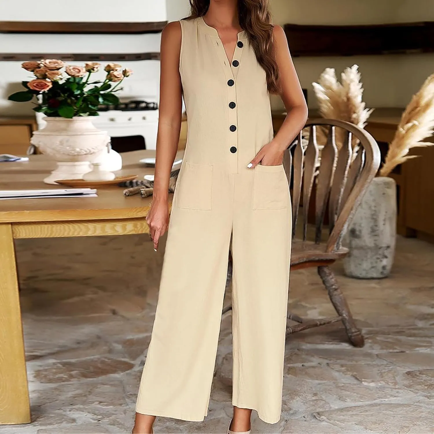 JOAU Women's Summer Casual Sleeveless Button Down Jumpsuit Loose Wide Leg Long Pants Romper 2024 Trendy Outfits with Pockets
