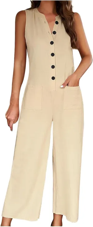 JOAU Women's Summer Casual Sleeveless Button Down Jumpsuit Loose Wide Leg Long Pants Romper 2024 Trendy Outfits with Pockets