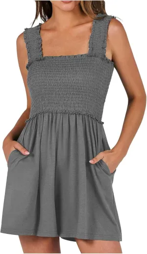 JOAU Women's Summer Ruffle Trim Sleeveless Ruched Rompers Casual High Waist Shorts Beach Tank Top Jumpsuit with Pockets