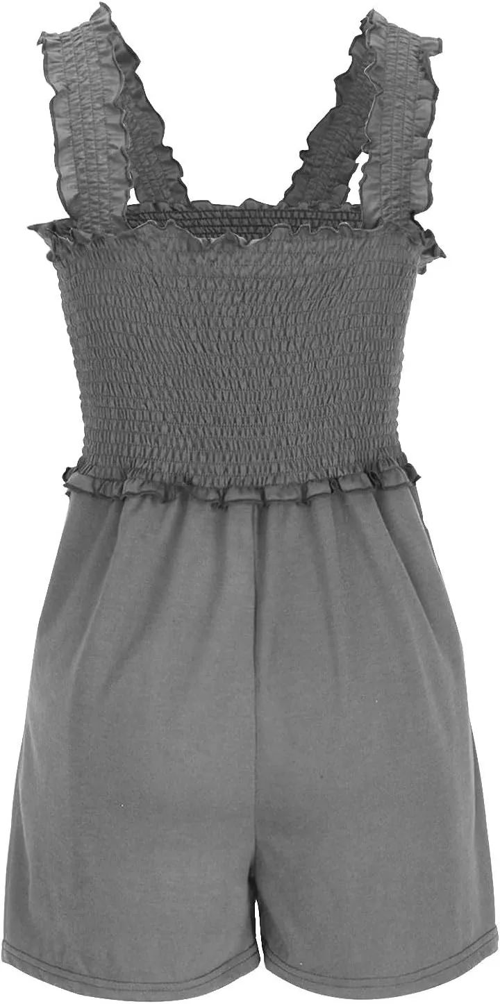 JOAU Women's Summer Ruffle Trim Sleeveless Ruched Rompers Casual High Waist Shorts Beach Tank Top Jumpsuit with Pockets