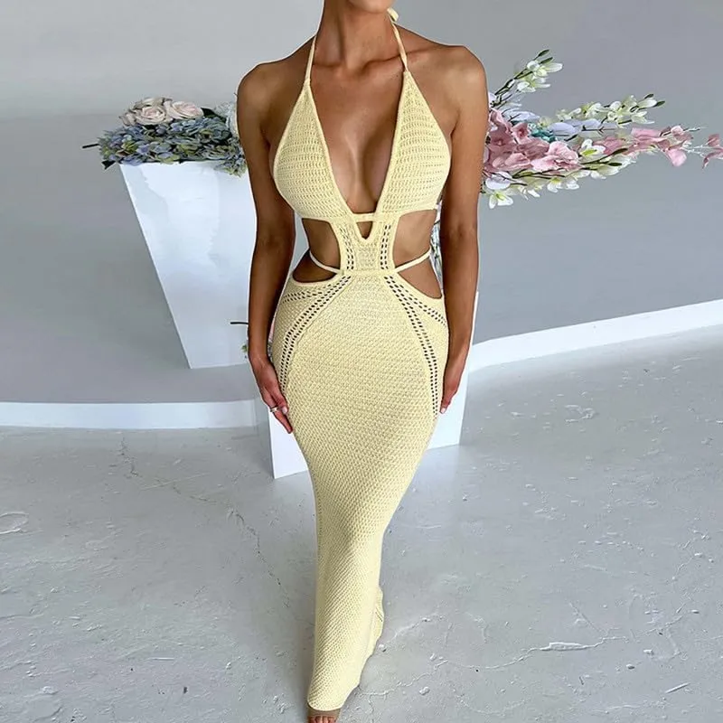 Juakoso Women Sleeveless Crochet Knit Maxi Dress Slim Fit Hollow Out Backless Long Dress Sexy Deep V Neck Bodycon Sundress