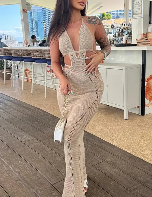 Juakoso Women Sleeveless Crochet Knit Maxi Dress Slim Fit Hollow Out Backless Long Dress Sexy Deep V Neck Bodycon Sundress