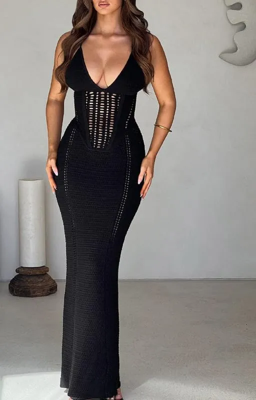 Juakoso Women Sleeveless Crochet Knit Maxi Dress Slim Fit Hollow Out Backless Long Dress Sexy Deep V Neck Bodycon Sundress
