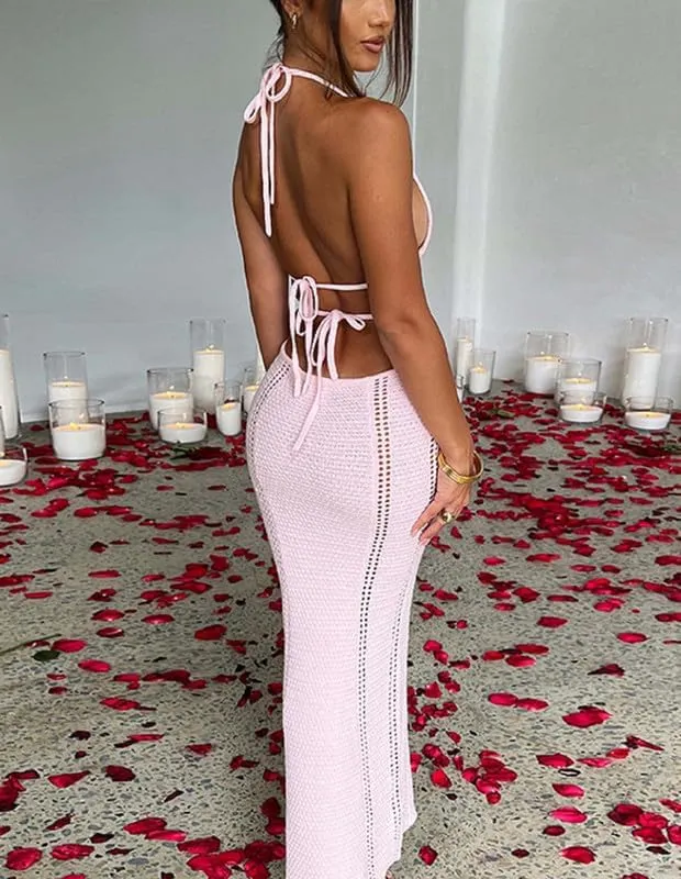 Juakoso Women Sleeveless Crochet Knit Maxi Dress Slim Fit Hollow Out Backless Long Dress Sexy Deep V Neck Bodycon Sundress