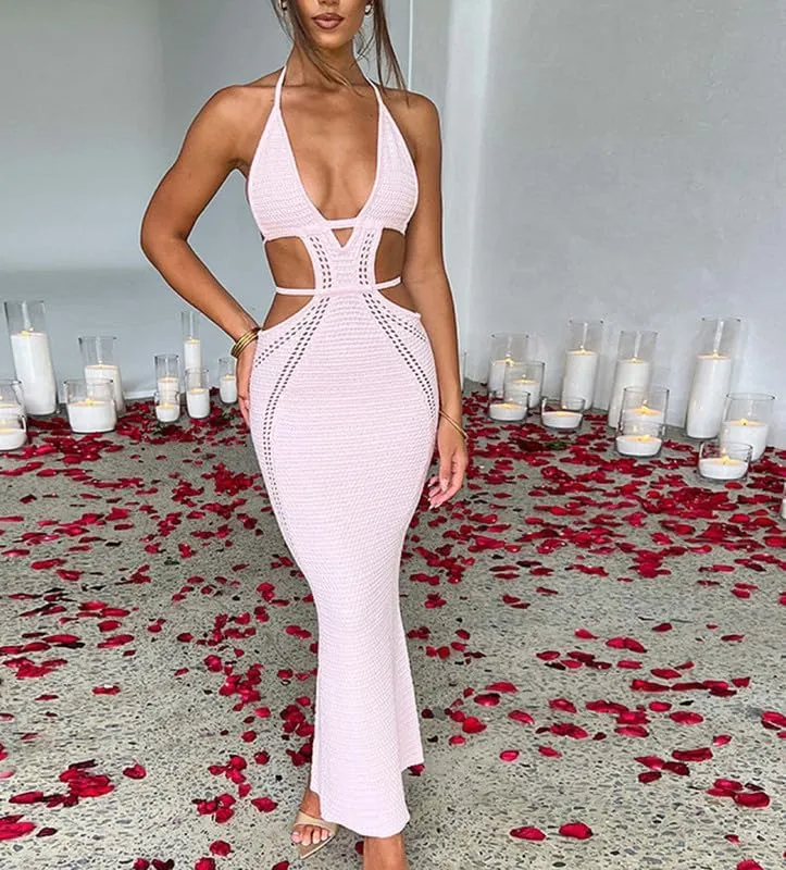 Juakoso Women Sleeveless Crochet Knit Maxi Dress Slim Fit Hollow Out Backless Long Dress Sexy Deep V Neck Bodycon Sundress