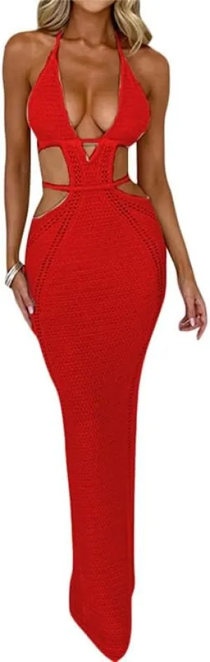 Juakoso Women Sleeveless Crochet Knit Maxi Dress Slim Fit Hollow Out Backless Long Dress Sexy Deep V Neck Bodycon Sundress