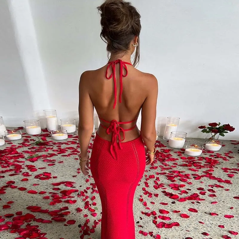 Juakoso Women Sleeveless Crochet Knit Maxi Dress Slim Fit Hollow Out Backless Long Dress Sexy Deep V Neck Bodycon Sundress