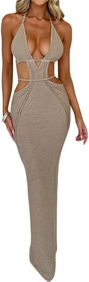 Juakoso Women Sleeveless Crochet Knit Maxi Dress Slim Fit Hollow Out Backless Long Dress Sexy Deep V Neck Bodycon Sundress