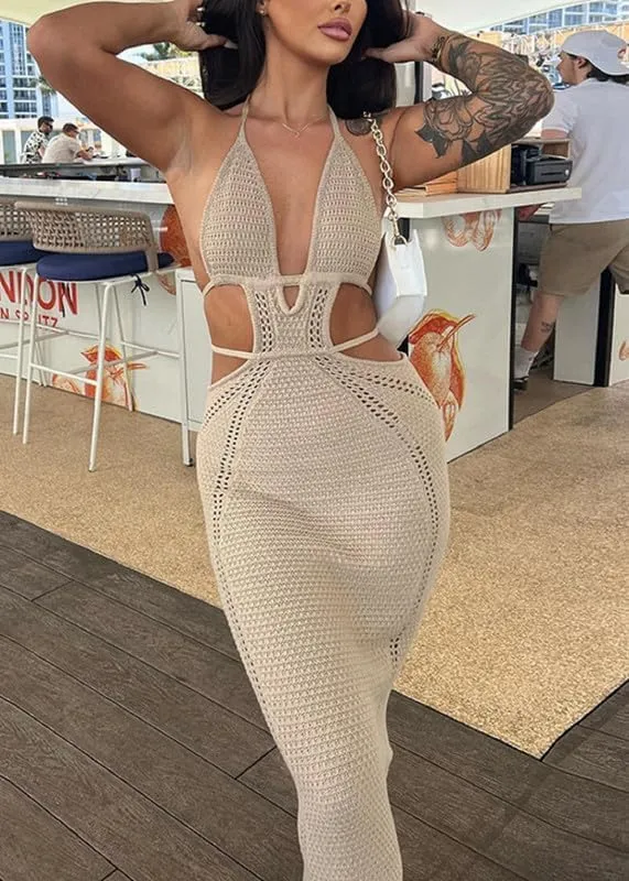 Juakoso Women Sleeveless Crochet Knit Maxi Dress Slim Fit Hollow Out Backless Long Dress Sexy Deep V Neck Bodycon Sundress