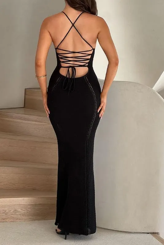 Juakoso Women Sleeveless Crochet Knit Maxi Dress Slim Fit Hollow Out Backless Long Dress Sexy Deep V Neck Bodycon Sundress