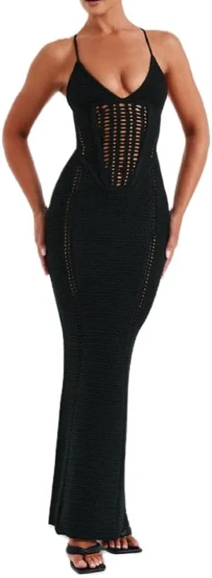 Juakoso Women Sleeveless Crochet Knit Maxi Dress Slim Fit Hollow Out Backless Long Dress Sexy Deep V Neck Bodycon Sundress