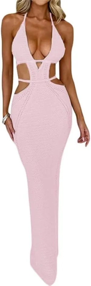 Juakoso Women Sleeveless Crochet Knit Maxi Dress Slim Fit Hollow Out Backless Long Dress Sexy Deep V Neck Bodycon Sundress