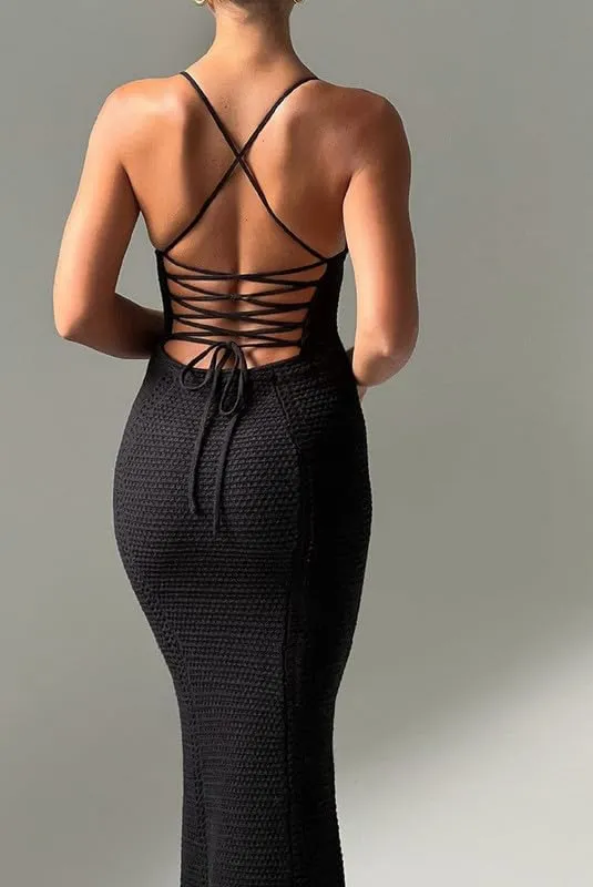 Juakoso Women Sleeveless Crochet Knit Maxi Dress Slim Fit Hollow Out Backless Long Dress Sexy Deep V Neck Bodycon Sundress