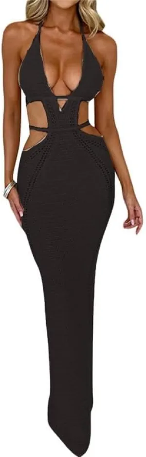 Juakoso Women Sleeveless Crochet Knit Maxi Dress Slim Fit Hollow Out Backless Long Dress Sexy Deep V Neck Bodycon Sundress