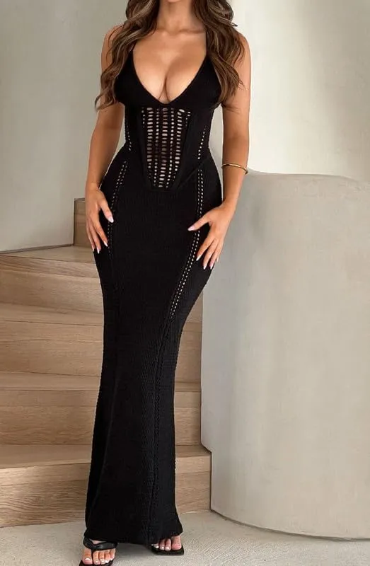 Juakoso Women Sleeveless Crochet Knit Maxi Dress Slim Fit Hollow Out Backless Long Dress Sexy Deep V Neck Bodycon Sundress