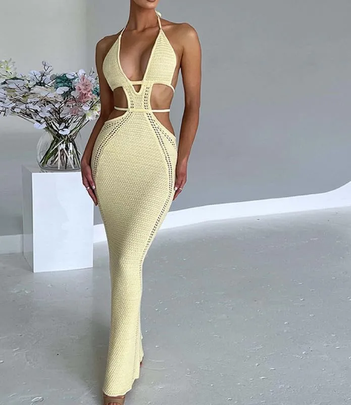 Juakoso Women Sleeveless Crochet Knit Maxi Dress Slim Fit Hollow Out Backless Long Dress Sexy Deep V Neck Bodycon Sundress