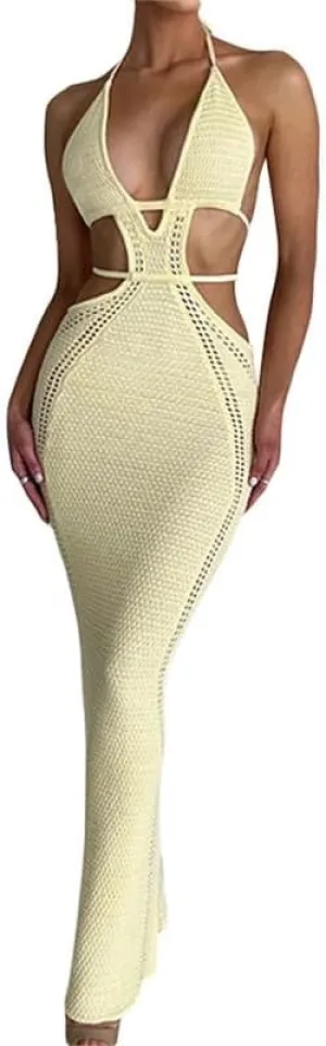 Juakoso Women Sleeveless Crochet Knit Maxi Dress Slim Fit Hollow Out Backless Long Dress Sexy Deep V Neck Bodycon Sundress