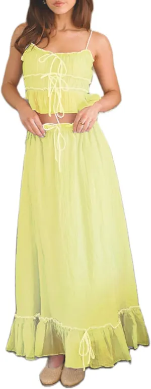 Juakoso Women Y2k Maxi Skirt Set Backless Lace Halter Top and Pleated Flowy Skirt Sets Beach Cocktail Club 2 PCS Outfit