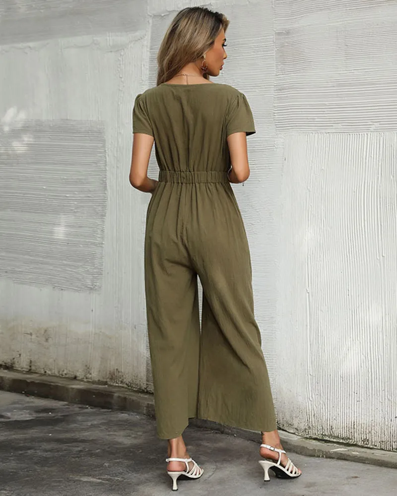Jumpsuit Wide Leg Casual Short Sleeve Solid Color Bowknot V Neck Jumpsuit