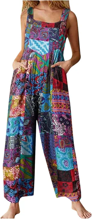 Jumpsuits for Women 2025 Casual Summer Vintage Boho Printed Wide Leg Cotton Linen Bib Overals with Pockets