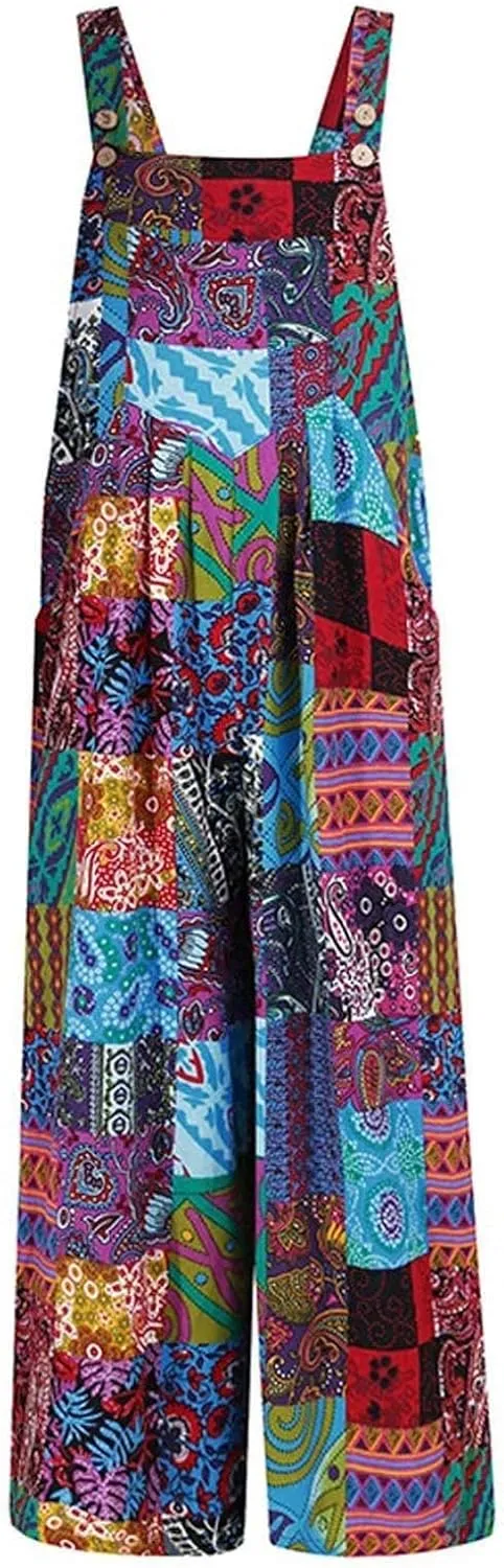 Jumpsuits for Women 2025 Casual Summer Vintage Boho Printed Wide Leg Cotton Linen Bib Overals with Pockets