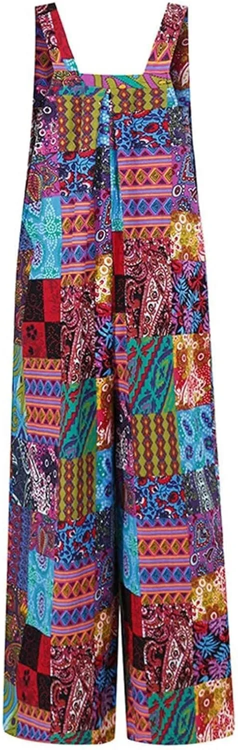 Jumpsuits for Women 2025 Casual Summer Vintage Boho Printed Wide Leg Cotton Linen Bib Overals with Pockets