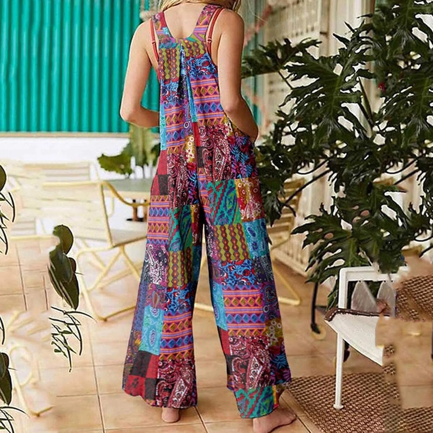 Jumpsuits for Women 2025 Casual Summer Vintage Boho Printed Wide Leg Cotton Linen Bib Overals with Pockets