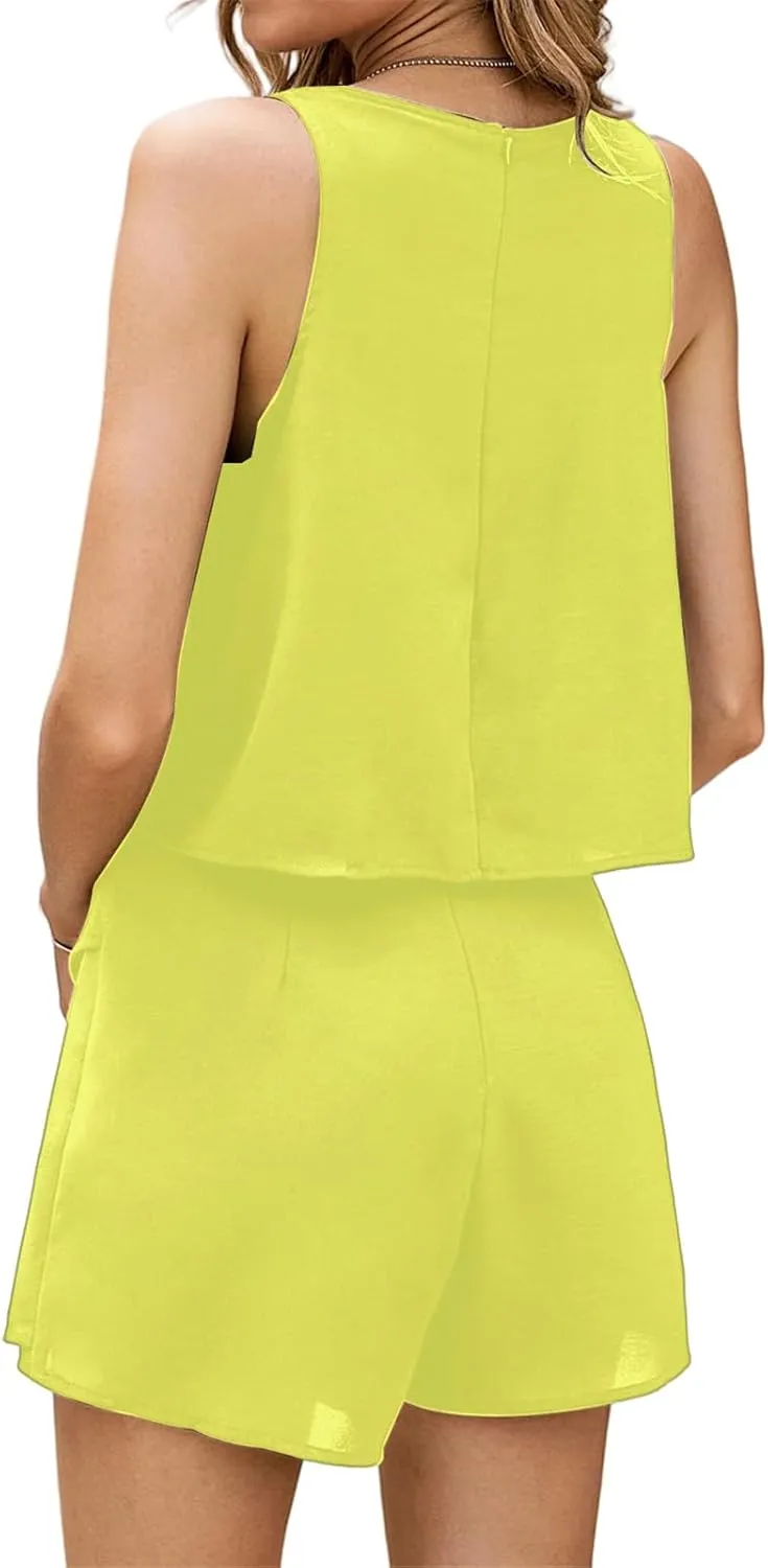 Jumpsuits for Women Casual Ruffle Chiffon Sleeveless Rompers 2025 Summer Beach Vacation Jumpsuit Solid Tiered Romper