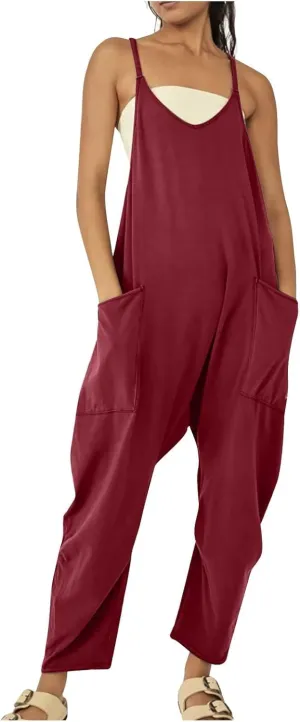 Jumpsuits for Women Loose Fit Rompers Sleeveless Spaghetti Strap Overalls Vneck Boho Summer Outfits with Pocket