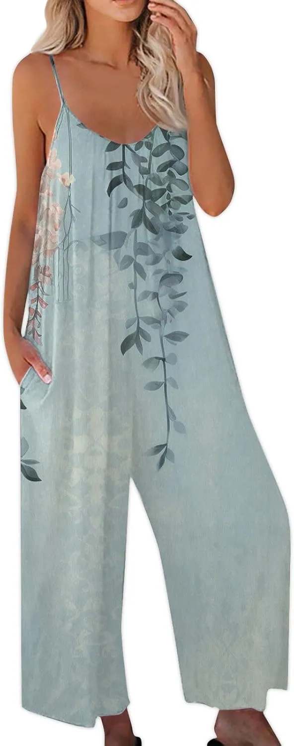 Jumpsuits for Women Sleeveless Spaghetti Strap Summer Romper Loose Haremd Wide Pants Oversized Overalls with Pocket