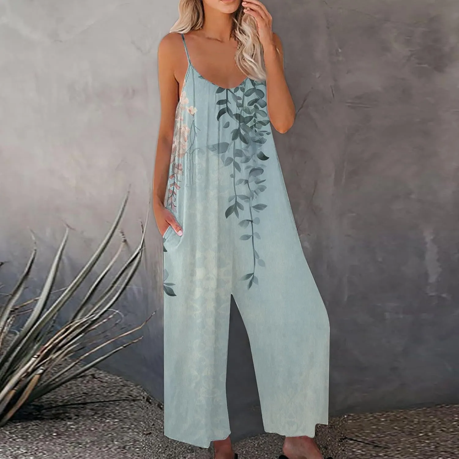 Jumpsuits for Women Sleeveless Spaghetti Strap Summer Romper Loose Haremd Wide Pants Oversized Overalls with Pocket