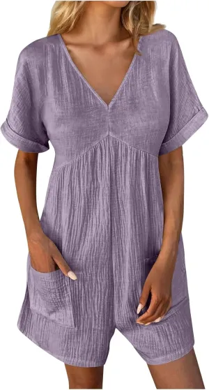 Jumpsuits for Women Summer Casual Loose V Neck Short Sleeve Jumpsuits Linen Trendy Comfy Shorts Rompers with Pockets
