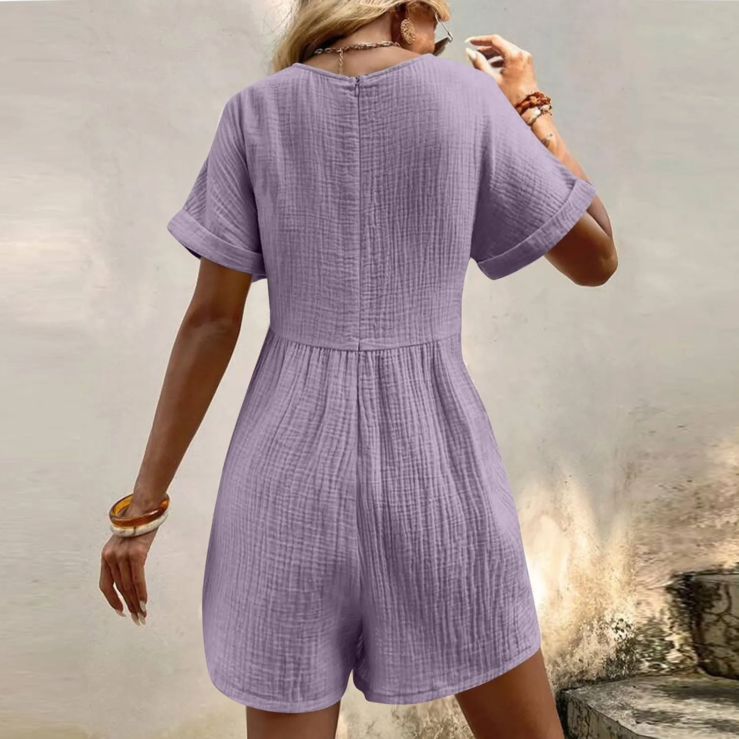 Jumpsuits for Women Summer Casual Loose V Neck Short Sleeve Jumpsuits Linen Trendy Comfy Shorts Rompers with Pockets