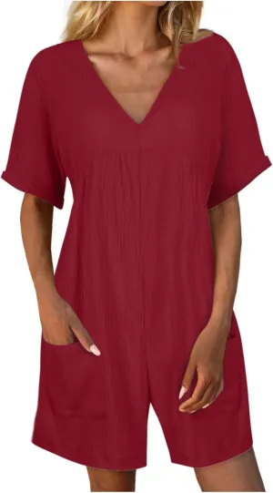 Jumpsuits for Women Summer Casual Loose V Neck Short Sleeve Jumpsuits Linen Trendy Comfy Shorts Rompers with Pockets