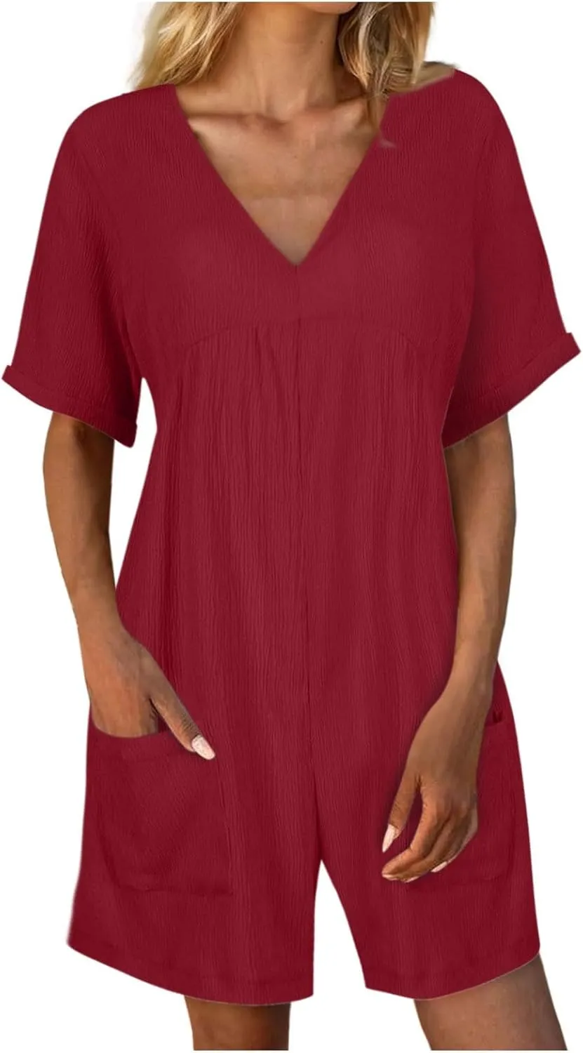 Jumpsuits for Women Summer Casual Loose V Neck Short Sleeve Jumpsuits Linen Trendy Comfy Shorts Rompers with Pockets