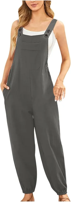 Jumpsuits for Women Women's Cotton and Linen Pocket Casual Loose Long Camisole Jumpsuit Wide Leg Casual Summer