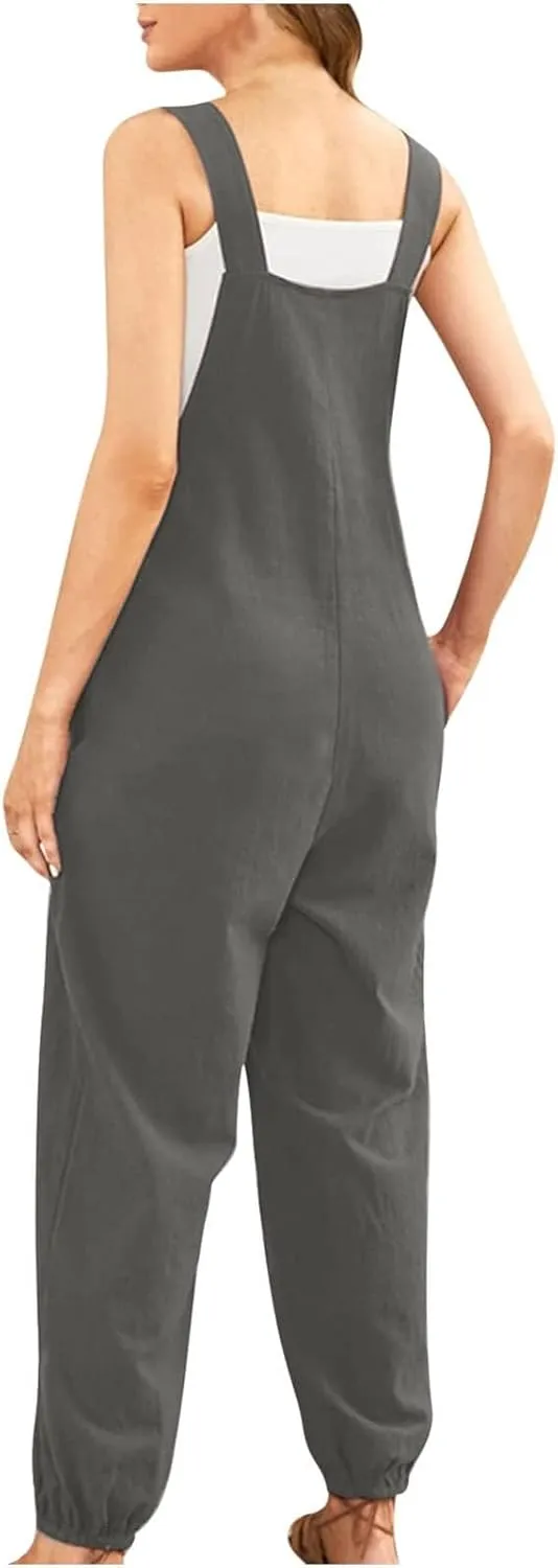 Jumpsuits for Women Women's Cotton and Linen Pocket Casual Loose Long Camisole Jumpsuit Wide Leg Casual Summer