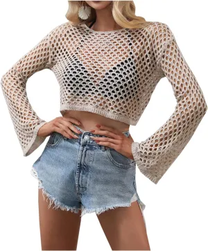 Kedera Womens Crochet Tops Long Sleeve Hollow Out Swim Cover Up Beach Bikini Swimsuit Summer Tunic Top