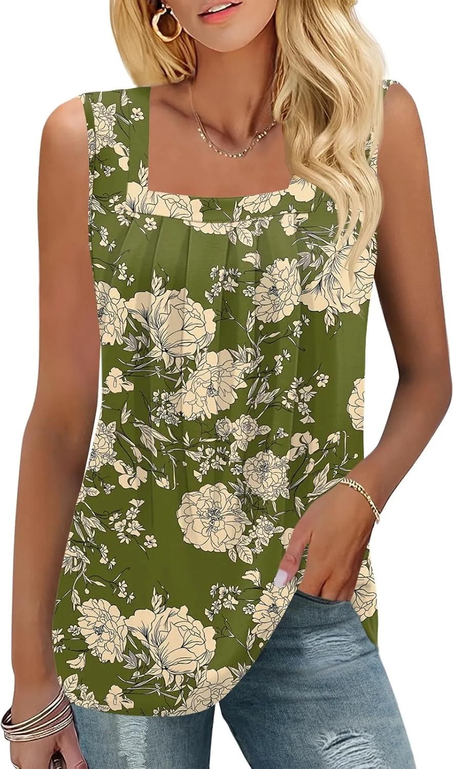 KTILG Summer Sleeveless Square Neck Tops Flowy Pleated Tunic Tank Tops for Women Loose Fit S-3XL…
