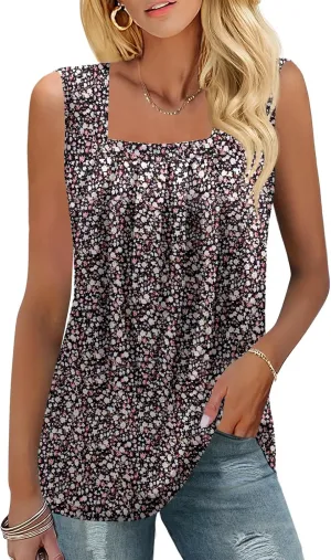 KTILG Summer Sleeveless Square Neck Tops Flowy Pleated Tunic Tank Tops for Women Loose Fit S-3XL…