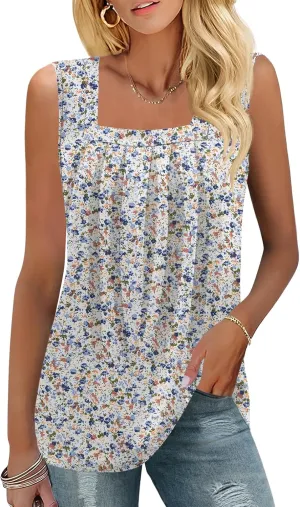 KTILG Summer Sleeveless Square Neck Tops Flowy Pleated Tunic Tank Tops for Women Loose Fit S-3XL…