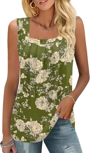 KTILG Summer Sleeveless Square Neck Tops Flowy Pleated Tunic Tank Tops for Women Loose Fit S-3XL…