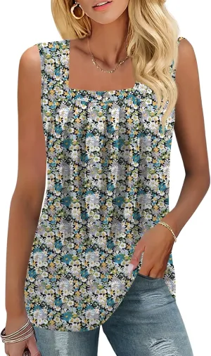 KTILG Summer Sleeveless Square Neck Tops Flowy Pleated Tunic Tank Tops for Women Loose Fit S-3XL…