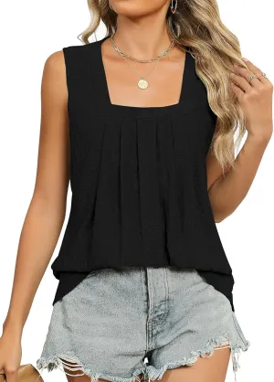 KTILG Summer Sleeveless Square Neck Tops Flowy Pleated Tunic Tank Tops for Women Loose Fit S-3XL…