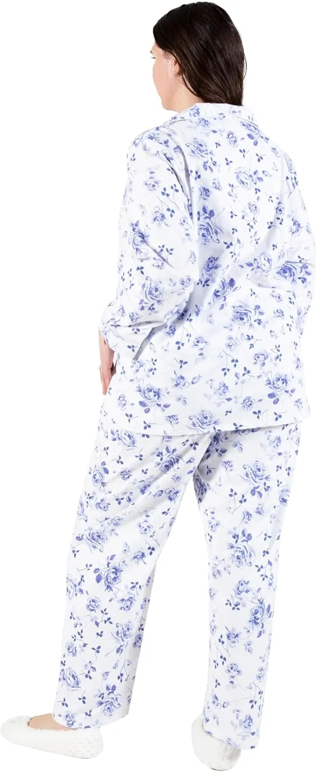 LA CERA Women's Cotton Lace Trimmed Cotton Flannel Pajama Set, 100% Cotton, Full Button Front Top, Long Sleeves