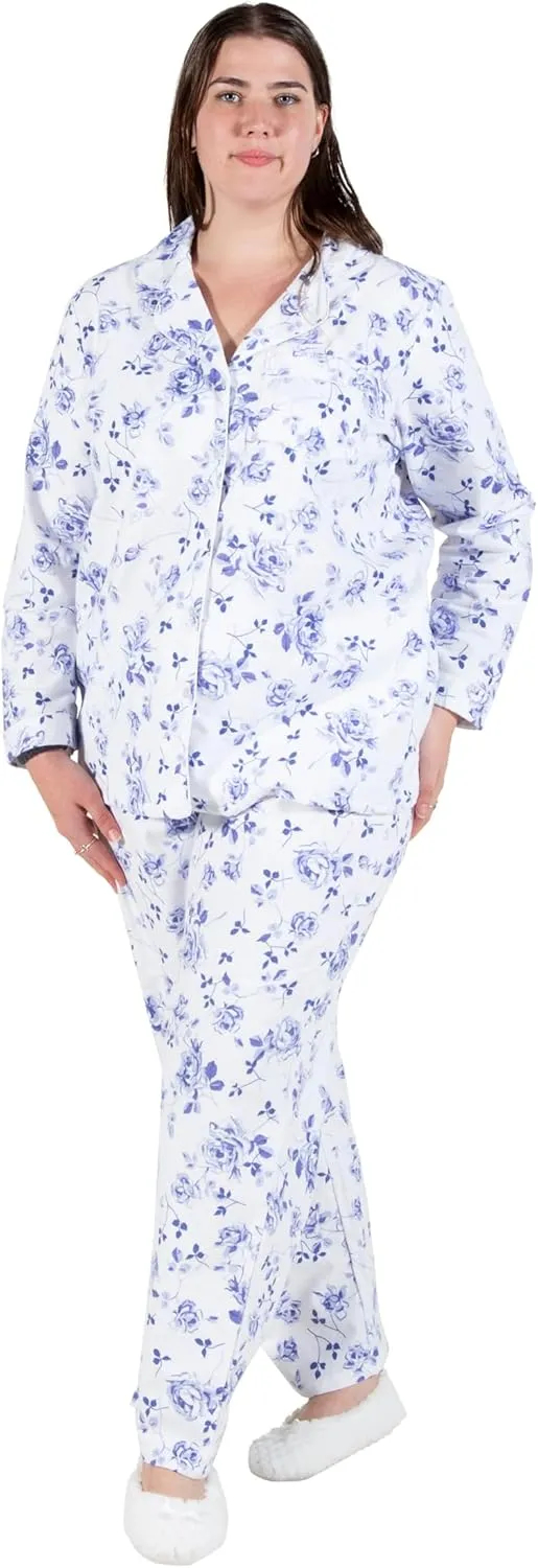 LA CERA Women's Cotton Lace Trimmed Cotton Flannel Pajama Set, 100% Cotton, Full Button Front Top, Long Sleeves